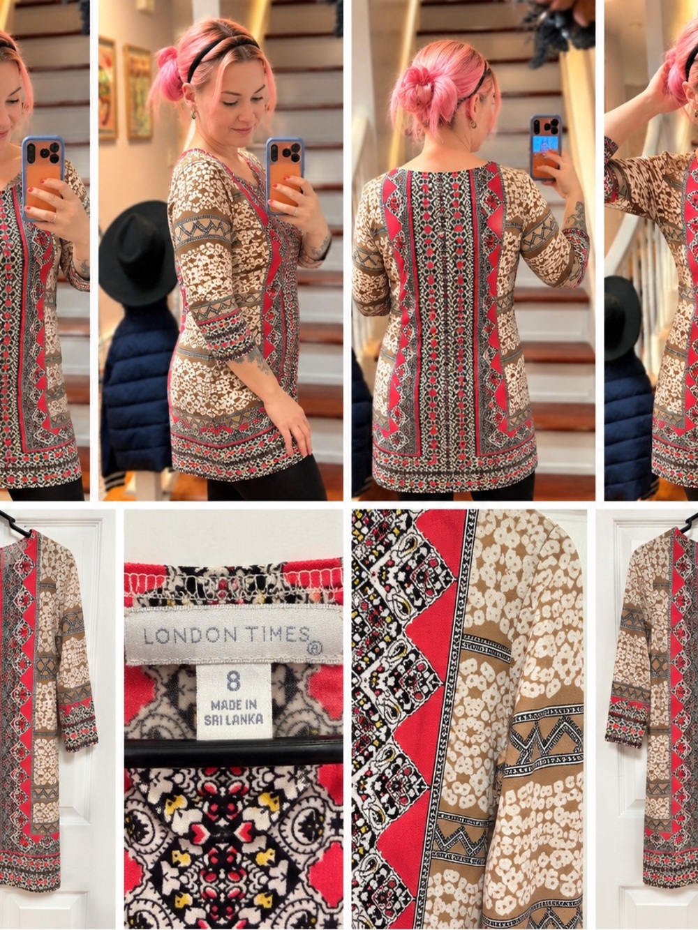 London Times Beige Tunic with Red & Black Geometric Floral Panels